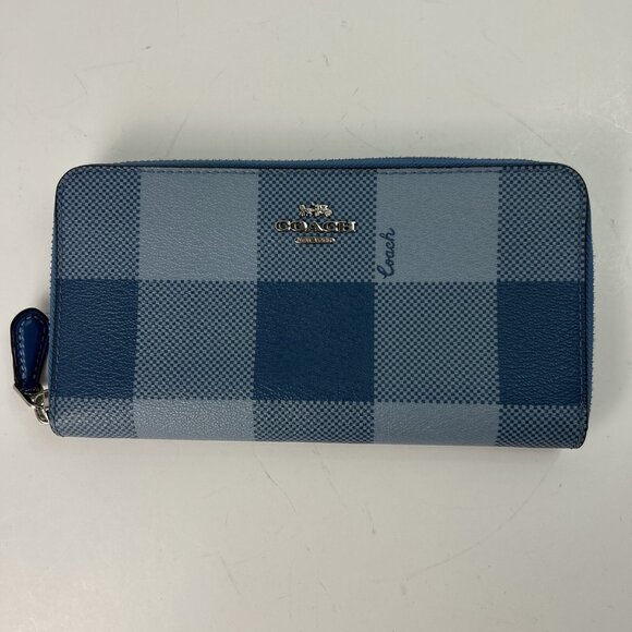 Coach New York Zip Up Wallet Card Holder Blue Square Plaid Checkered - Picture 1 of 8